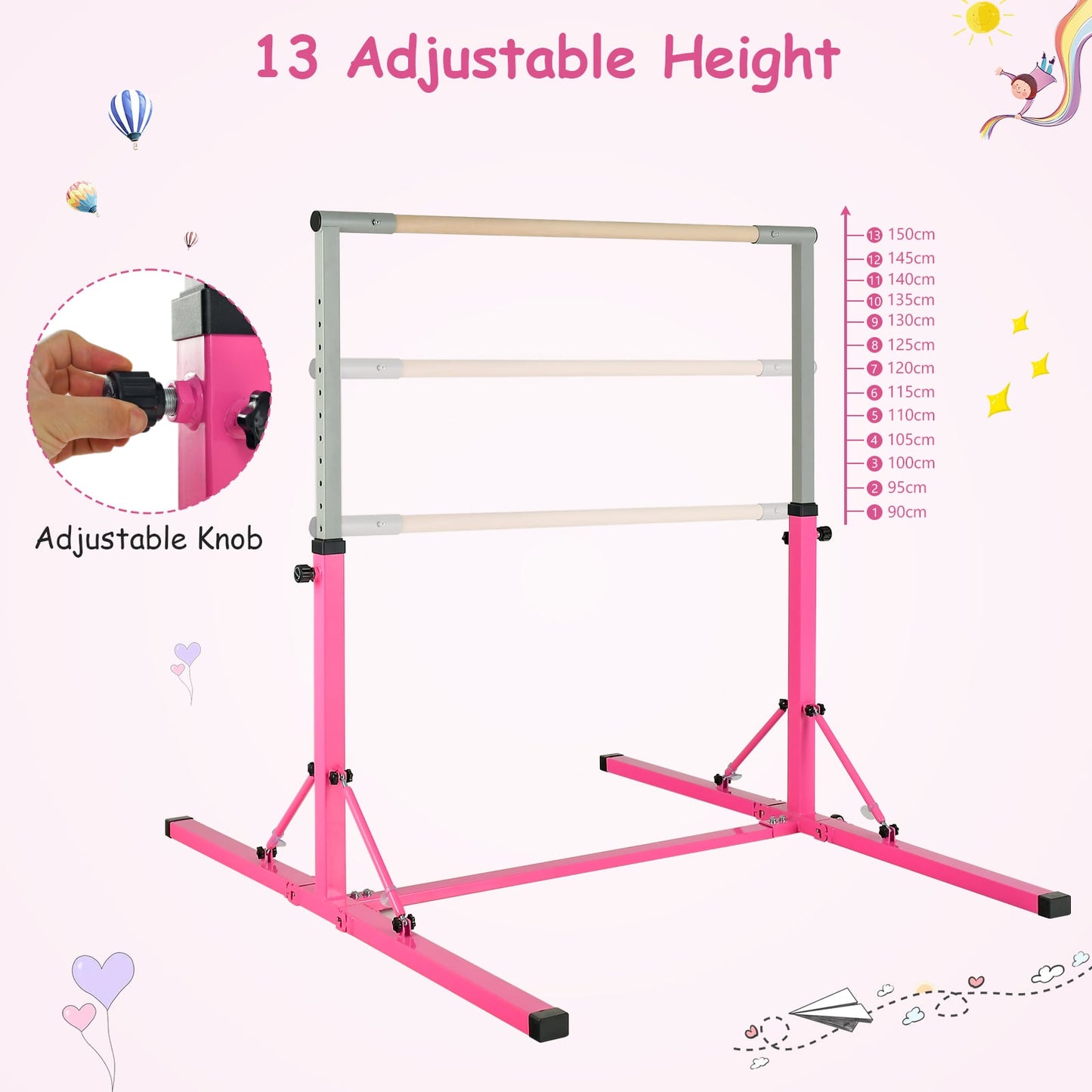 Kids Foldable Gymnastics Bar with 13 Adjustable Height-Pink