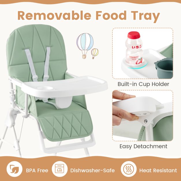 Foldable Baby High Chair with Removable Adjustable Tray-Green