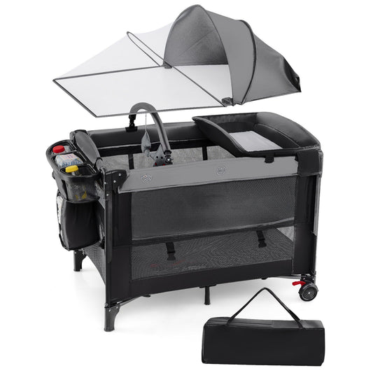 Foldable Pack and Play with 5 Adjustable Heights and Changing Table-Dark Black