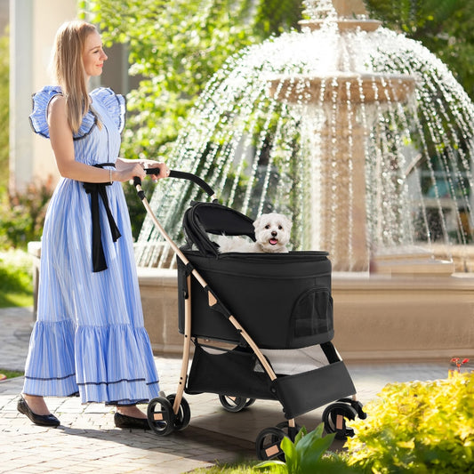 Foldable Pet Stroller with 4-Level Adjustable Canopy and Storage Basket-Black & Gold