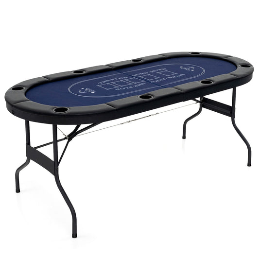Foldable Poker Table for 8 Players Portable Oval Card Board with Cup Holders-Blue