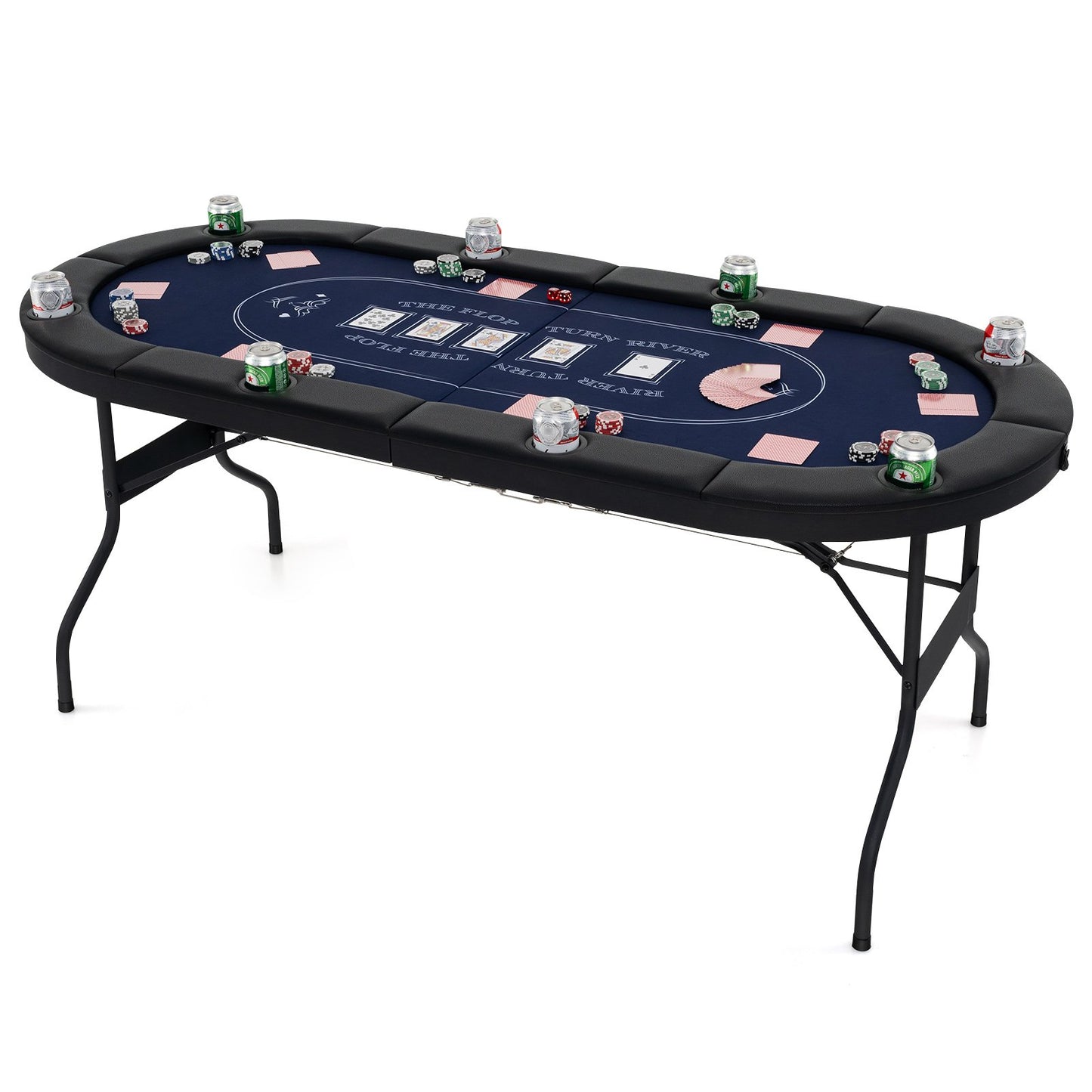 Foldable Poker Table for 8 Players Portable Oval Card Board with Cup Holders-Blue
