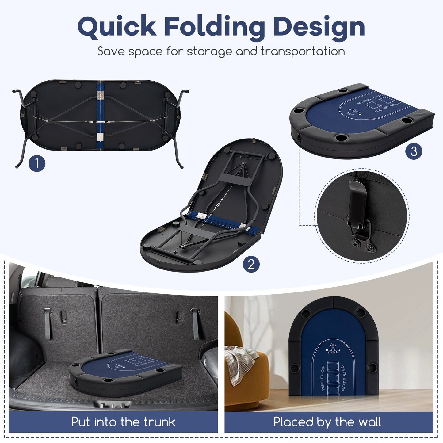 Foldable Poker Table for 8 Players Portable Oval Card Board with Cup Holders-Blue