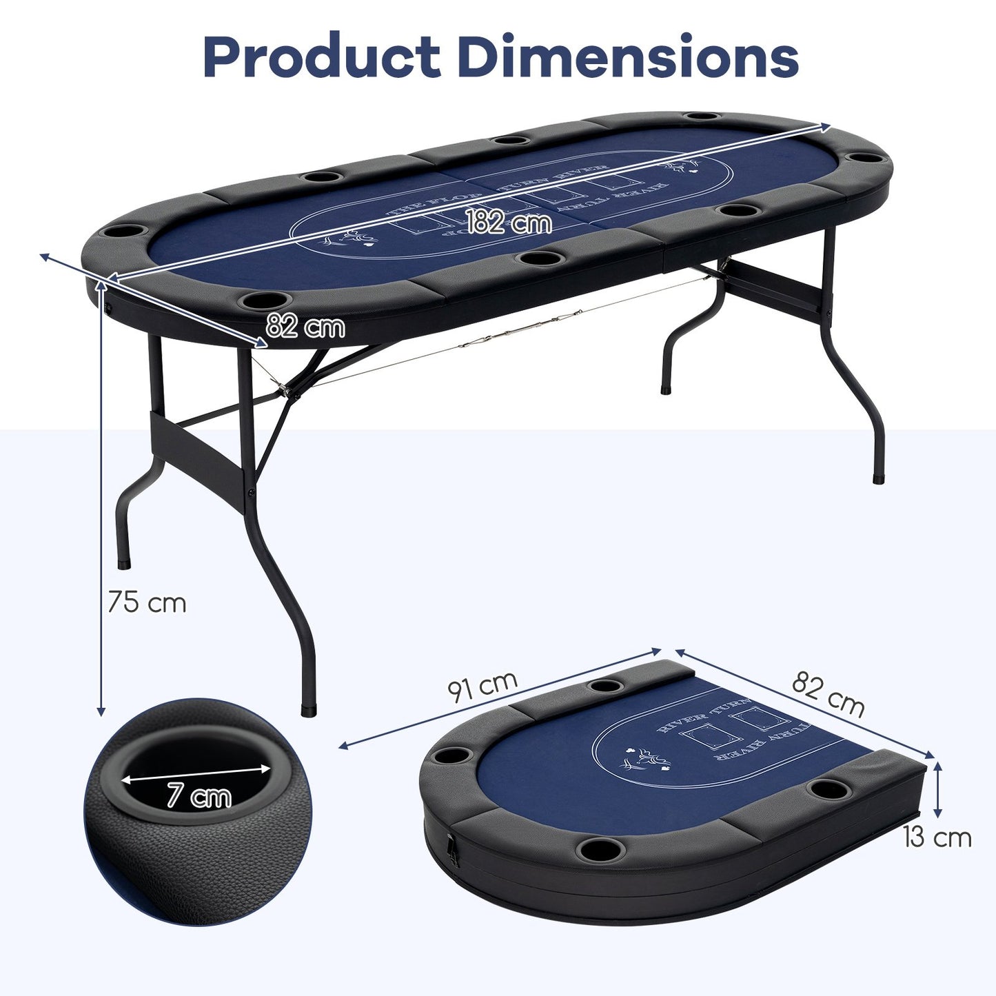 Foldable Poker Table for 8 Players Portable Oval Card Board with Cup Holders-Blue