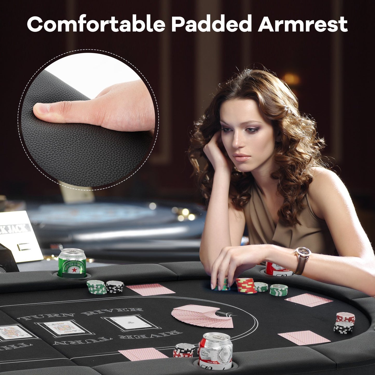 Foldable Poker Table for 8 Players Portable Oval Card Board with Cup Holders-Black