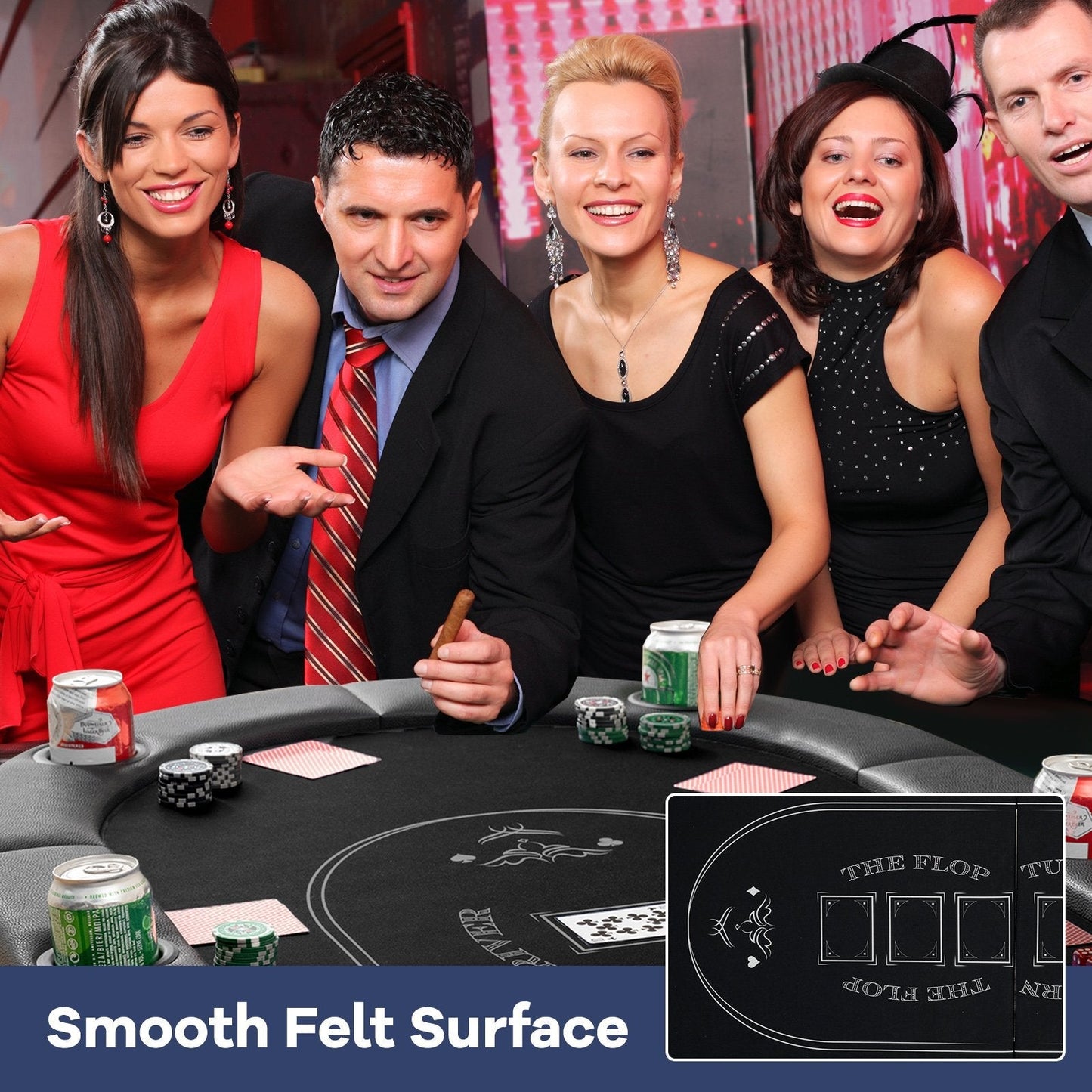 Foldable Poker Table for 8 Players Portable Oval Card Board with Cup Holders-Black