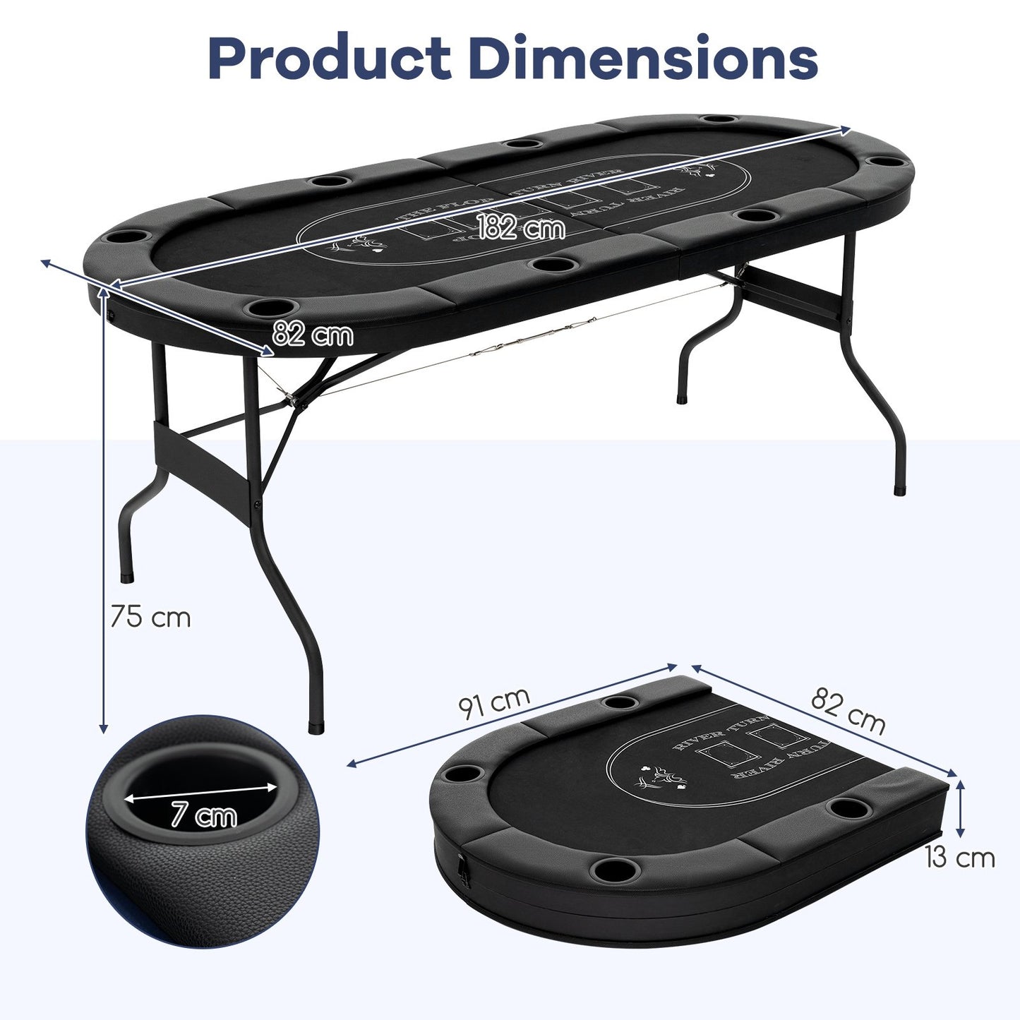 Foldable Poker Table for 8 Players Portable Oval Card Board with Cup Holders-Black