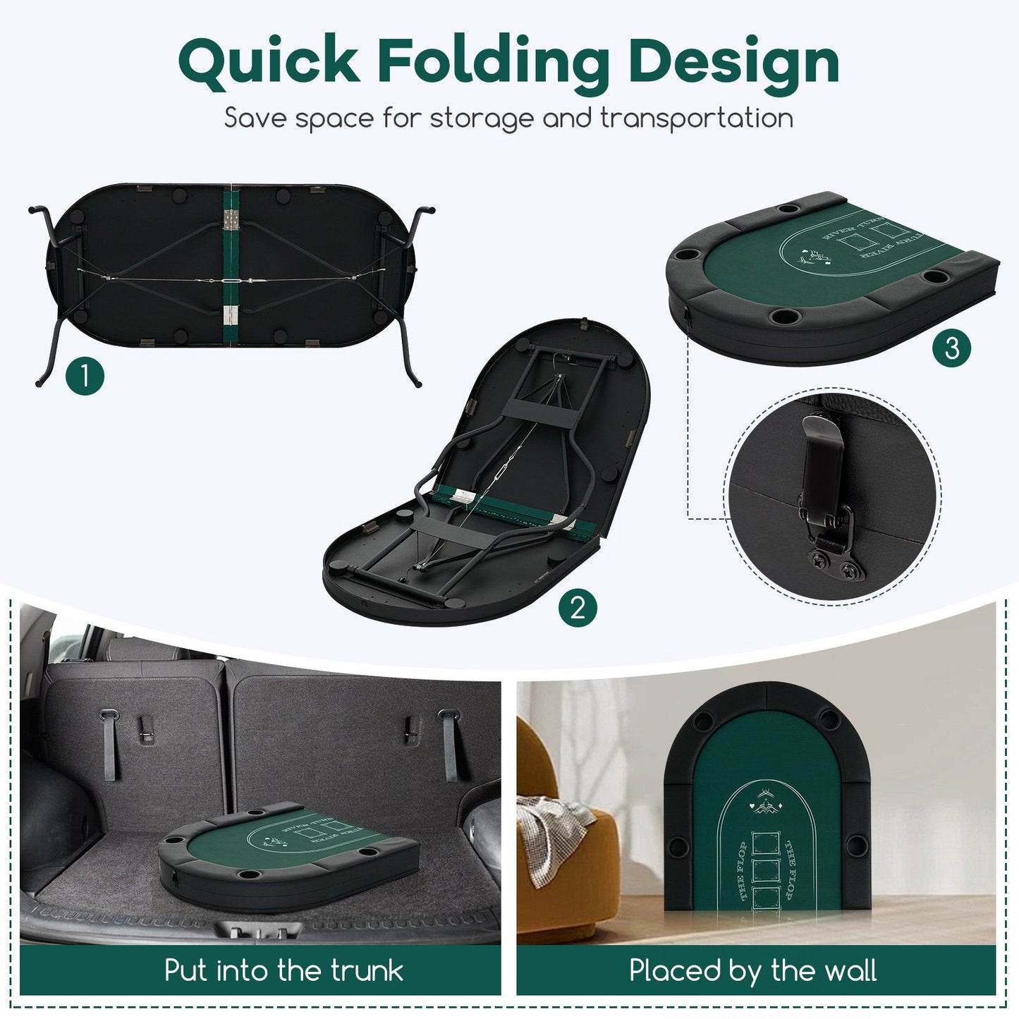 Foldable Poker Table for 8 Players Portable Oval Card Board with Cup Holders-Green