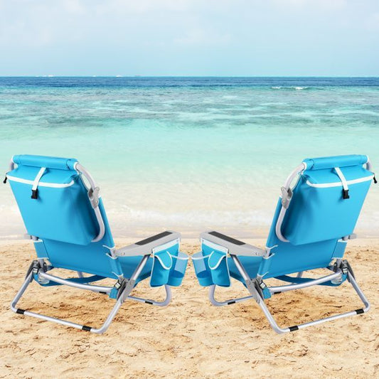 Folding Backpack Beach Chair Set of 2 with 5-Position Backrest for Adults-Blue