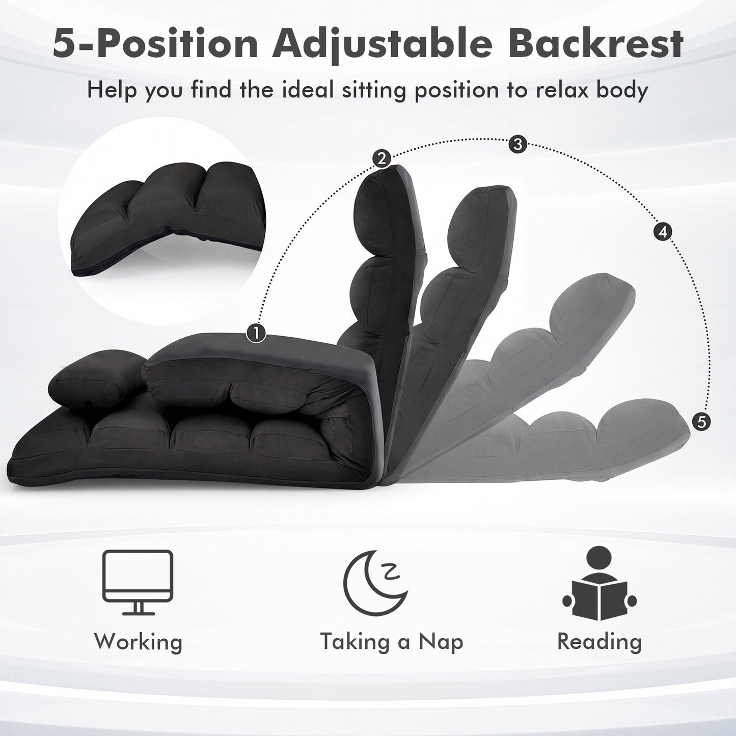 Folding Floor Lazy Sofa Chaise Lounge Sofa with Pillow-Black