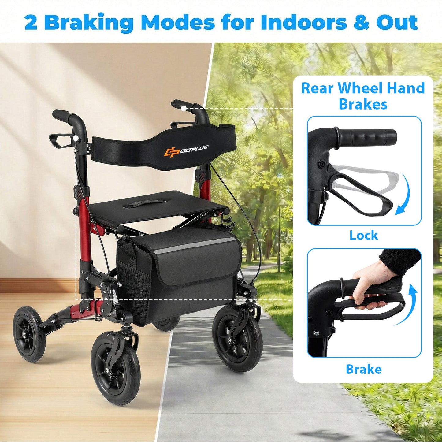 Folding Rolling Walker with Seat and Mesh Backrest for Seniors-Red