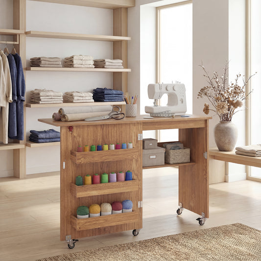 Folding Sewing Table with Storage Shelf and 3 Hidden Bins for Home-Natural