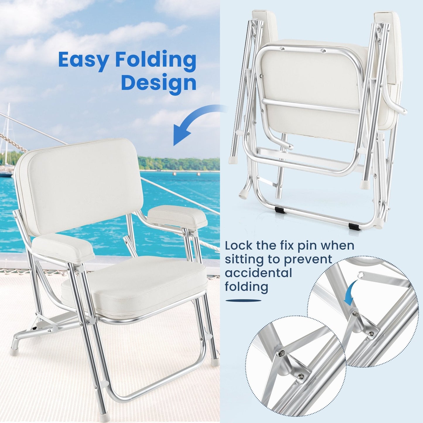 Folding Aluminum Deck Chair with Upholstered Seat-White