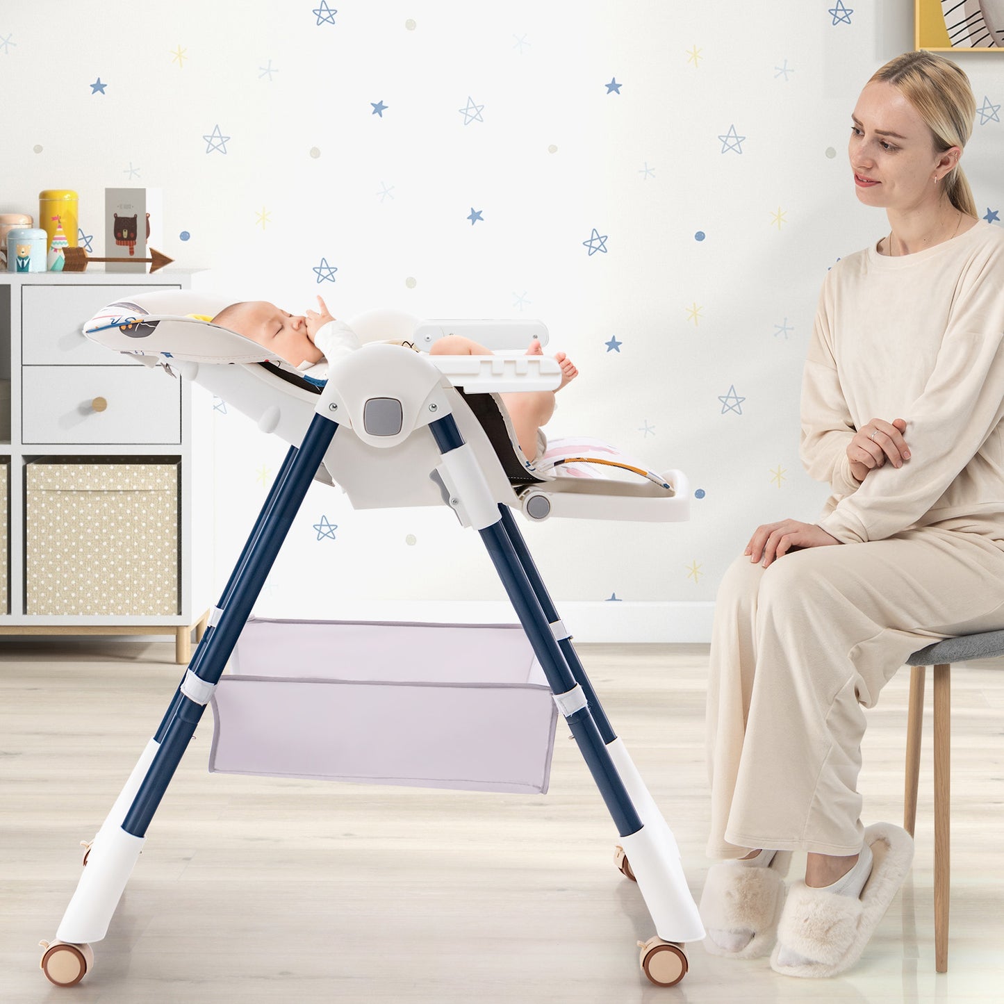 Folding Convertible Baby High Chair with Reclining Backrest-Yellow
