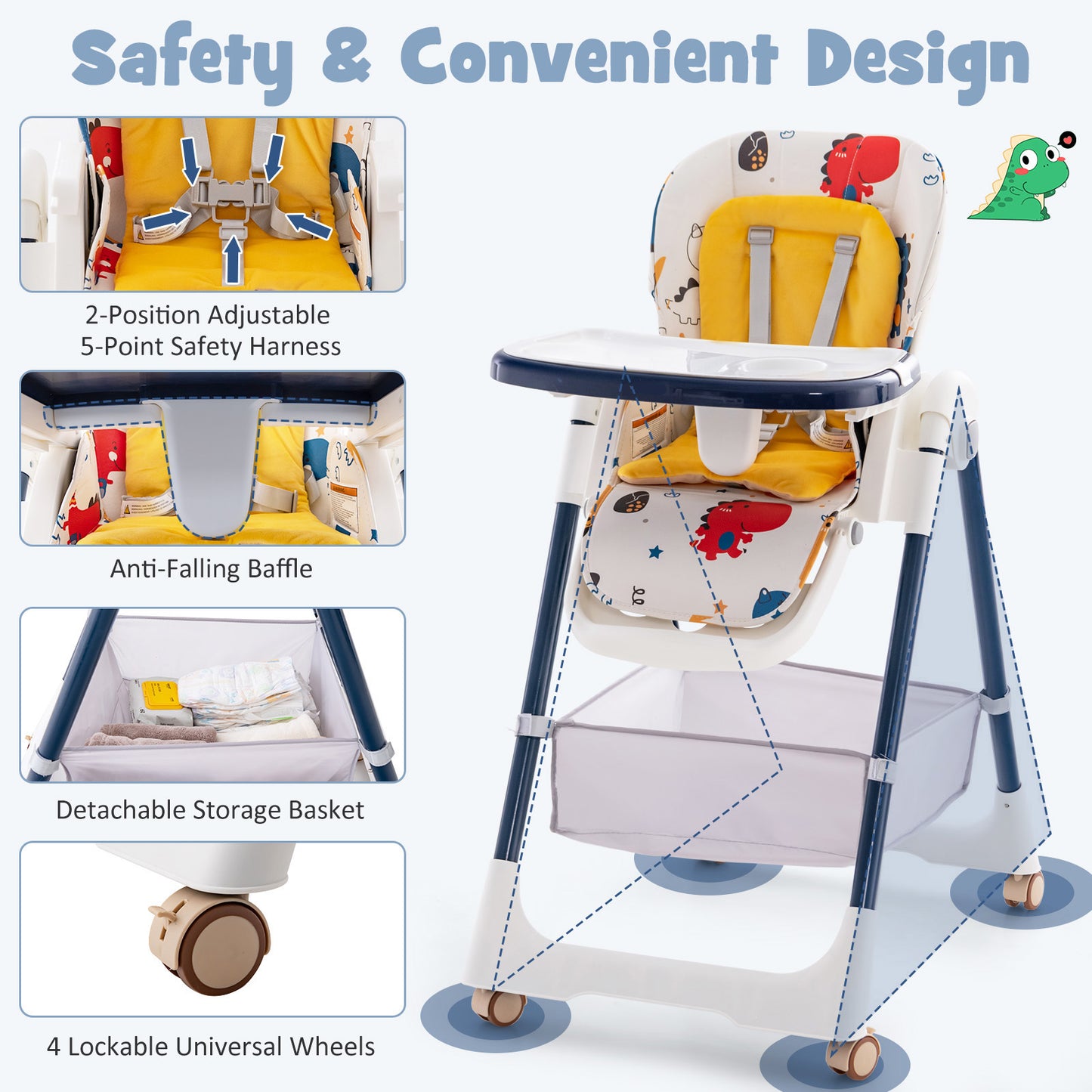Folding Convertible Baby High Chair with Reclining Backrest-Yellow