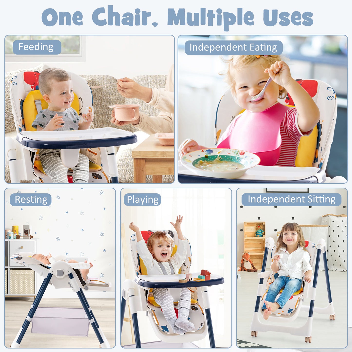 Folding Convertible Baby High Chair with Reclining Backrest-Yellow