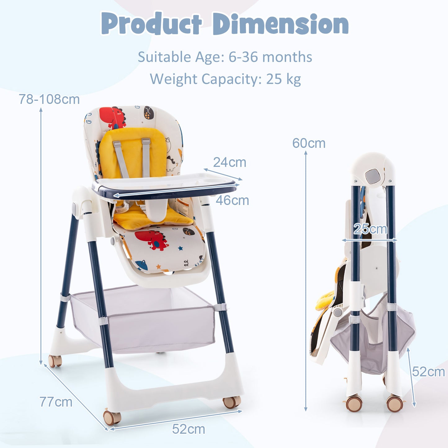 Folding Convertible Baby High Chair with Reclining Backrest-Yellow