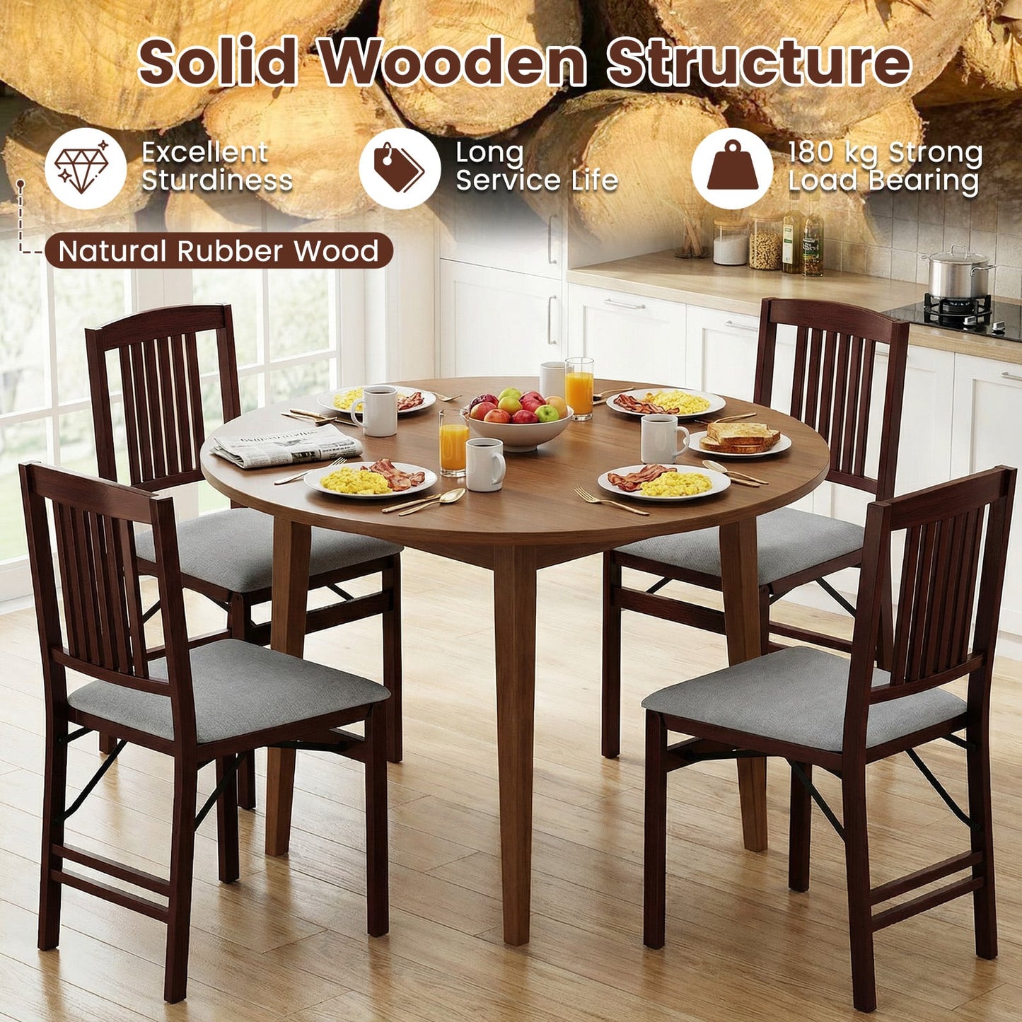 Folding Dining Chairs Set of 2 Upholstered Kitchen Chairs with Padded Seat-Grey