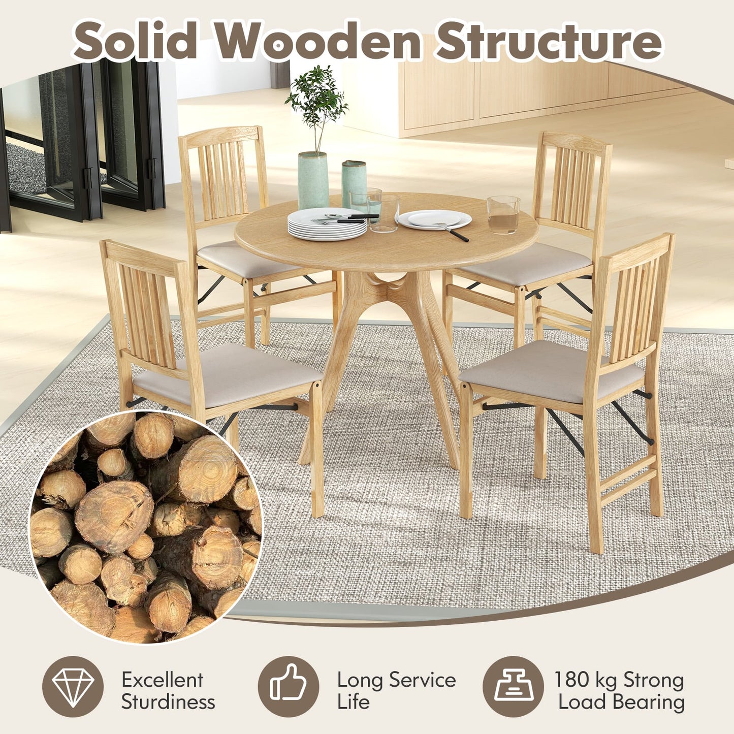 Folding Dining Chairs Set of 2 Upholstered Kitchen Chairs with Padded Seat-Beige