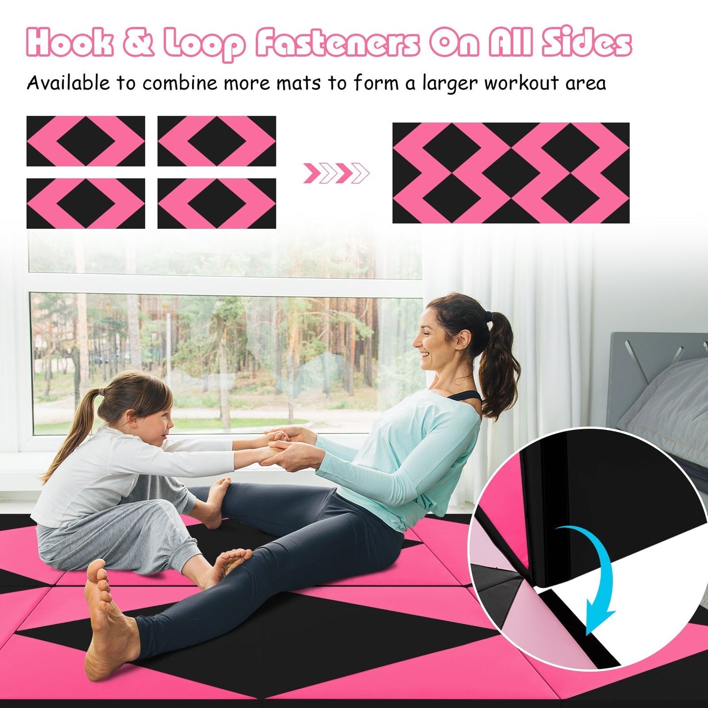 240cm PU Leather Folding Gymnastics Mat-Pink & Black