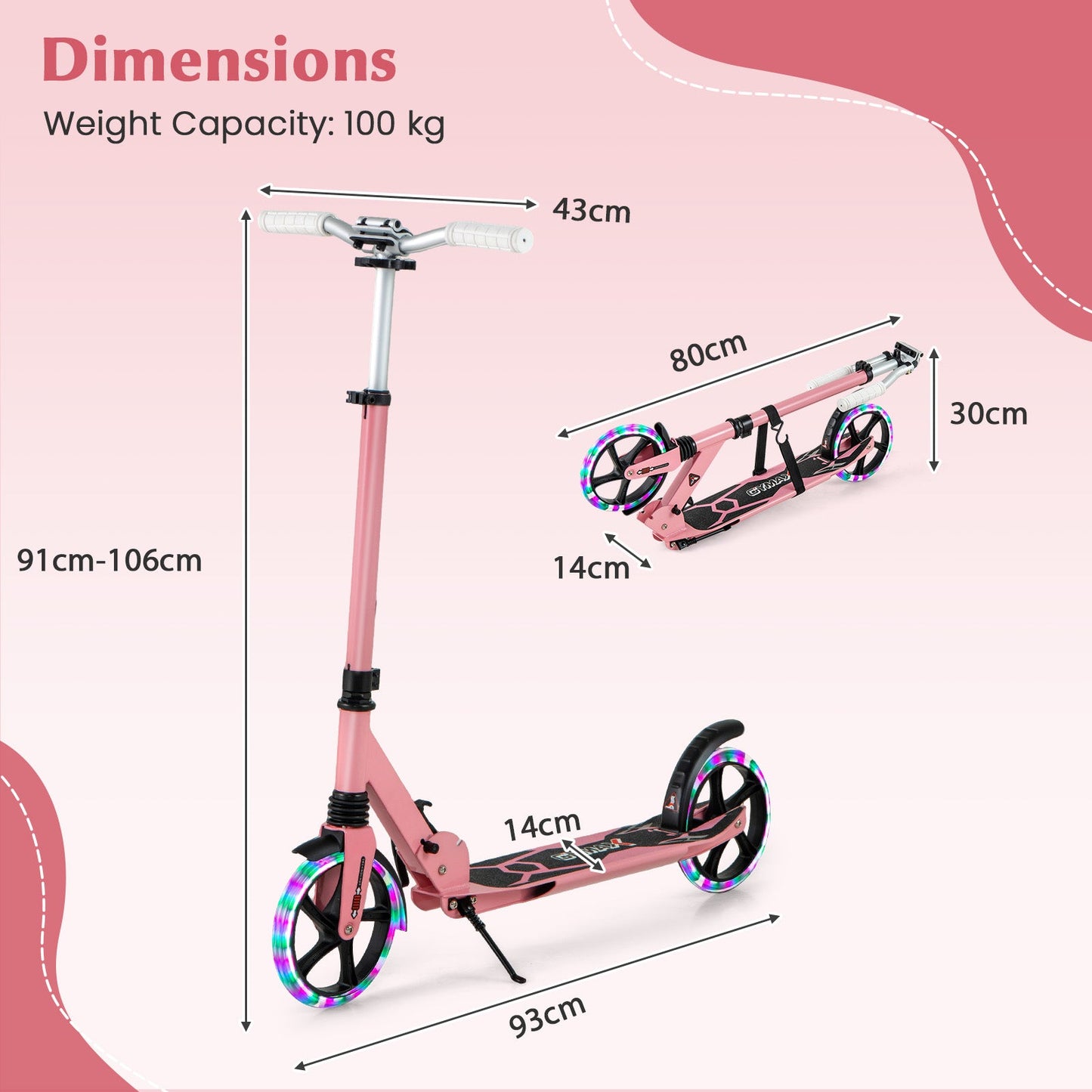 Folding Kick Scooter with Large Wheels for Age 8+ Kids Teens Adults-Pink