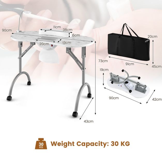 Folding Manicure Nail Table with Electric Dust Collector-White