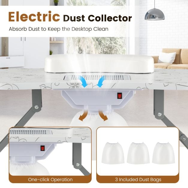Folding Manicure Nail Table with Electric Dust Collector-White