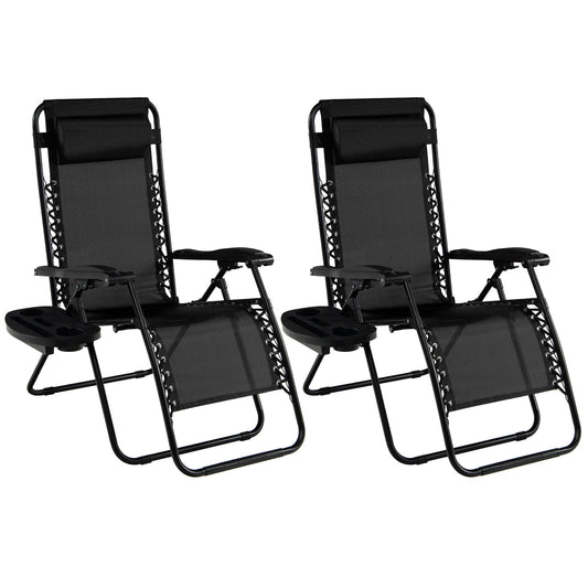 Folding Patio Recliners with Removable Headrest and Cup Holder Set of 2-Black
