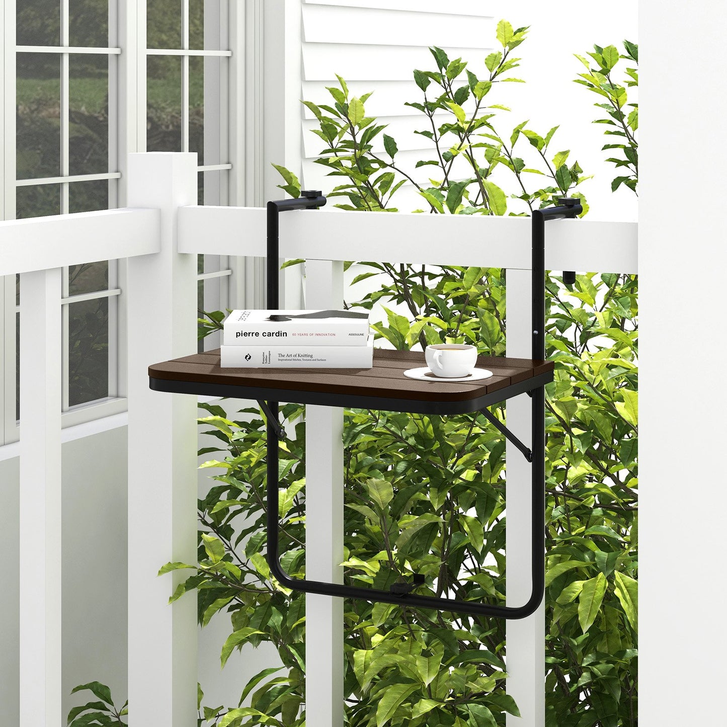 Folding Railing Table with 3-Level Adjustable Height for Patio-Brown