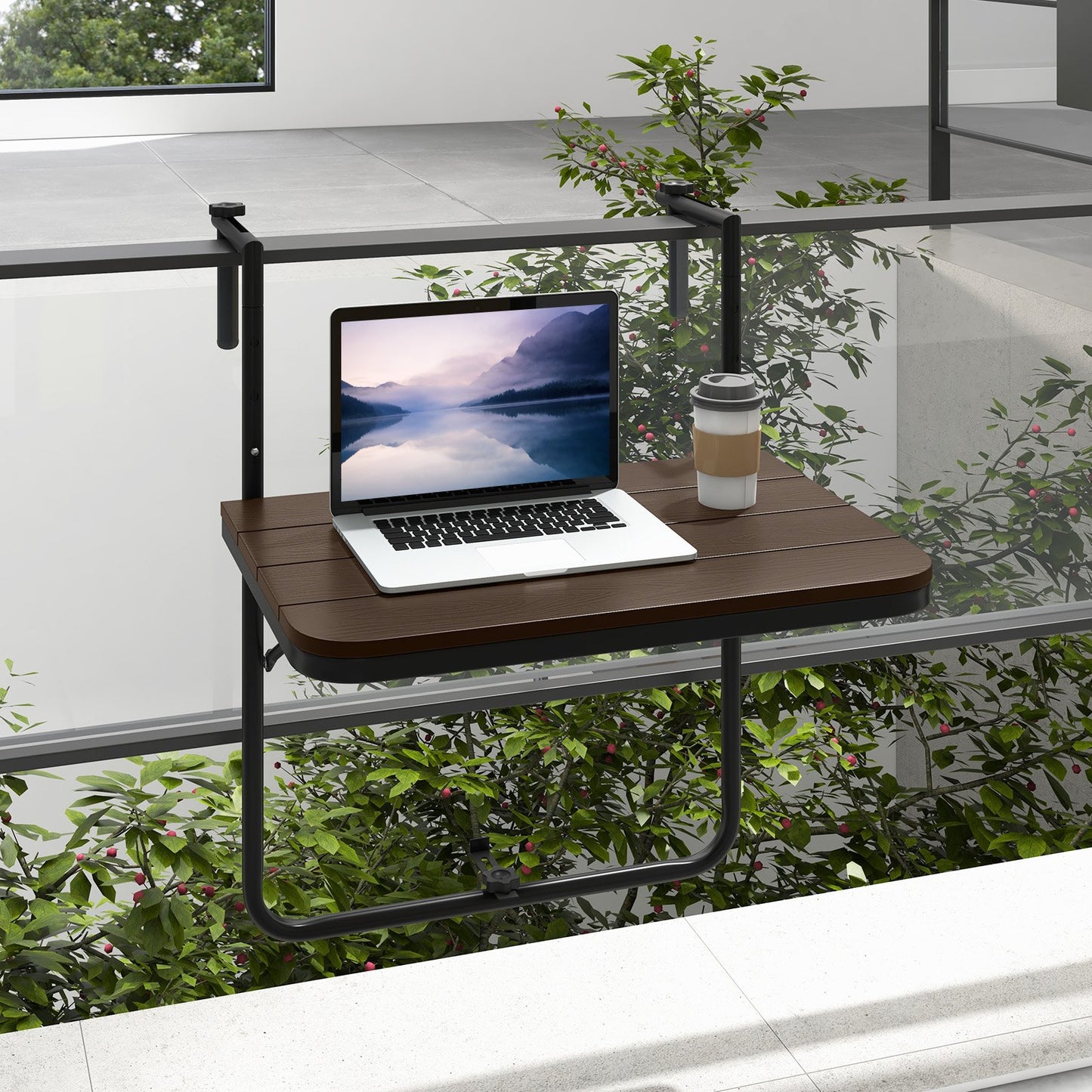 Folding Railing Table with 3-Level Adjustable Height for Patio-Brown