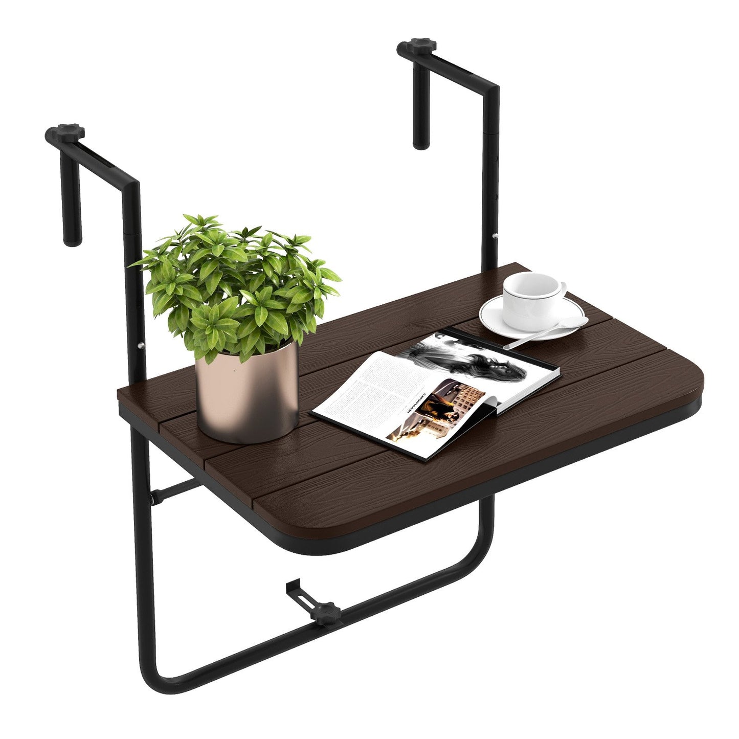 Folding Railing Table with 3-Level Adjustable Height for Patio-Brown