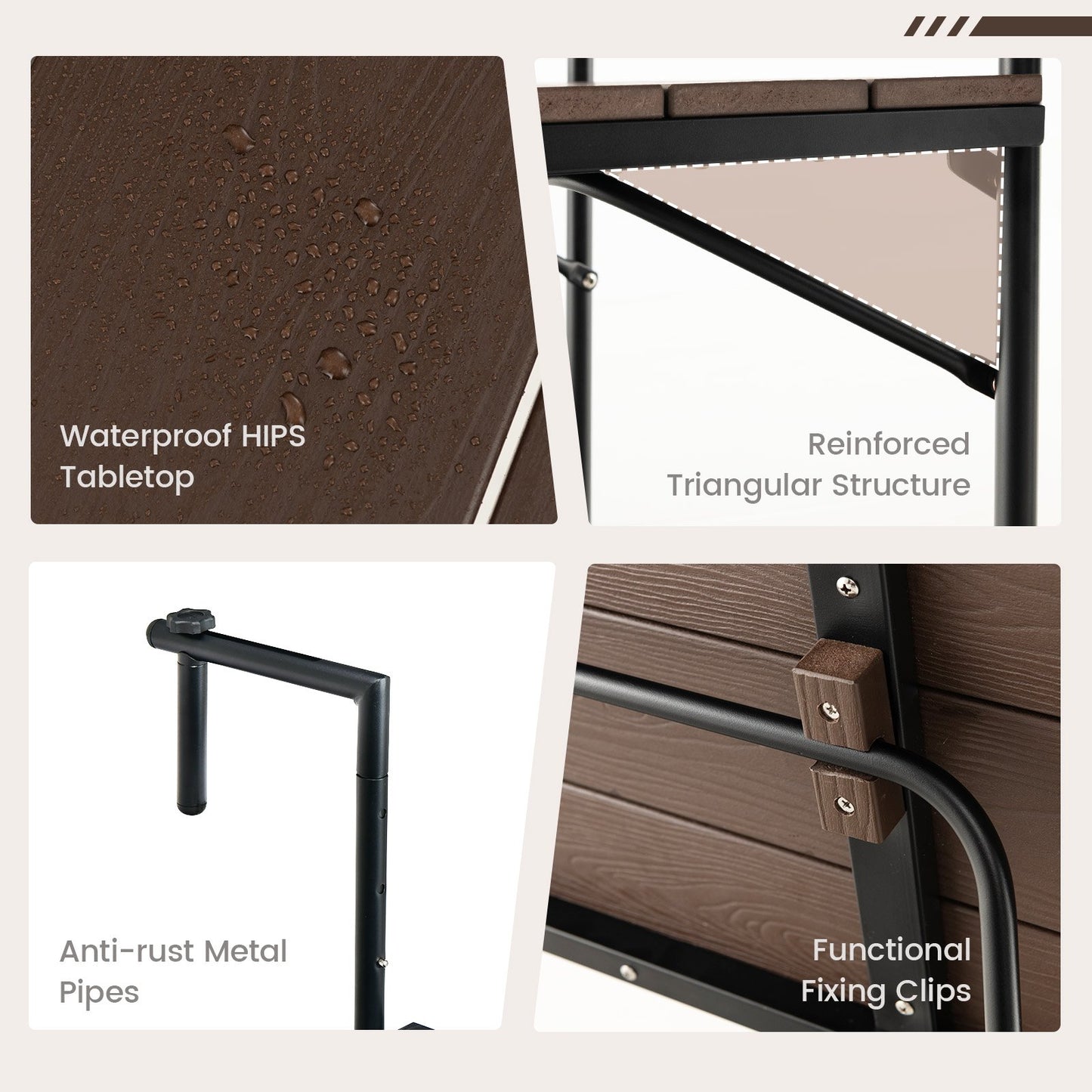 Folding Railing Table with 3-Level Adjustable Height for Patio-Brown