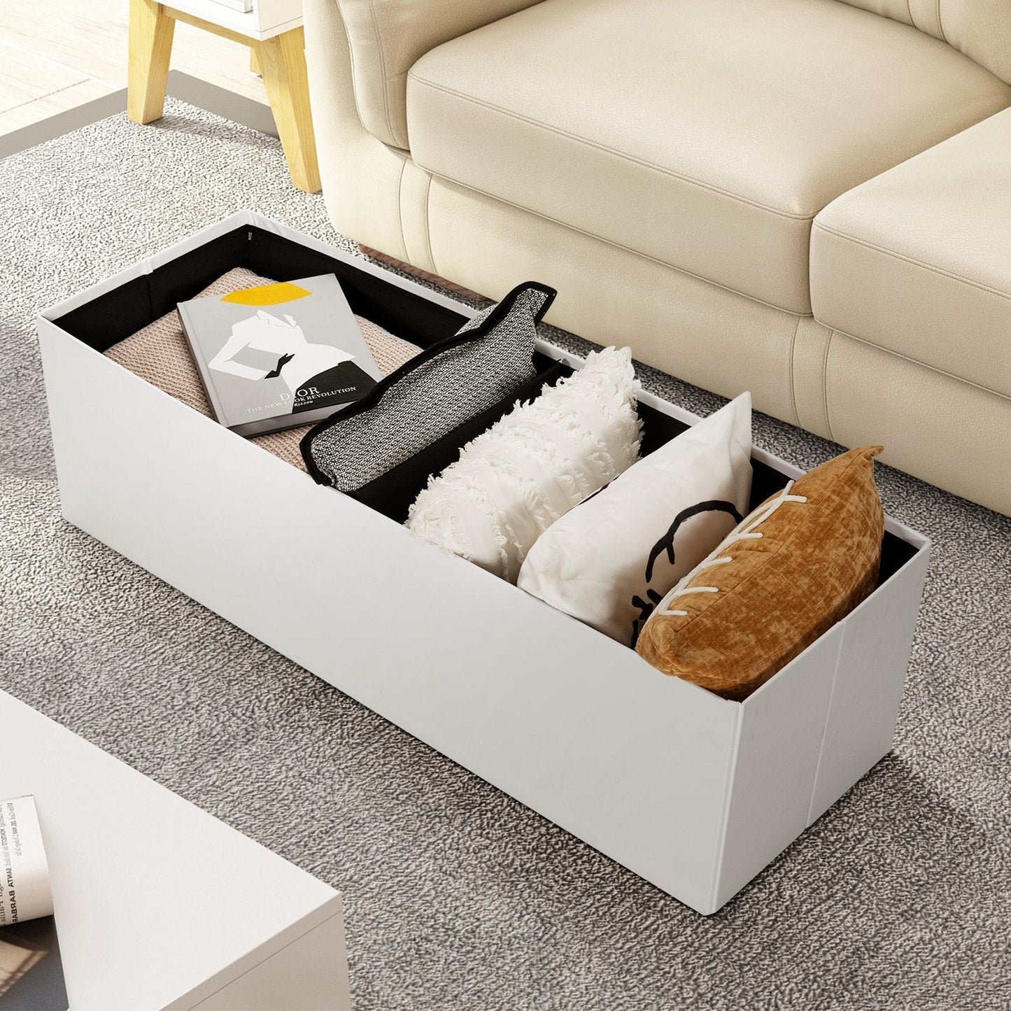 Folding Storage Ottoman Bench with Lid for Living Room-White