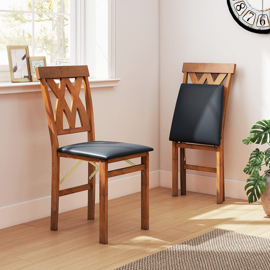 Folding Wooden Dining Chair Set of 2 Faux Leather Upholstered Chairs-Black