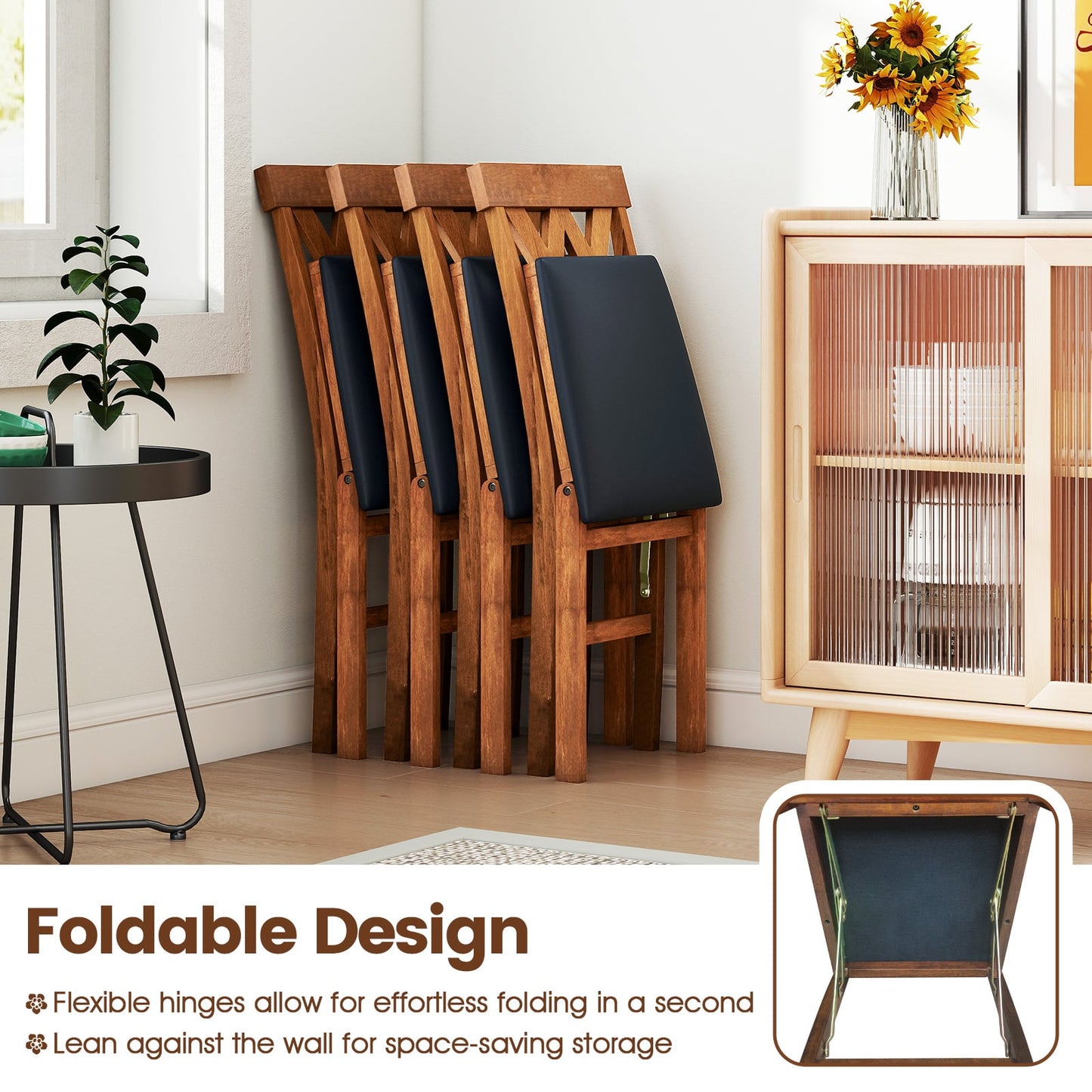 Folding Wooden Dining Chair Set of 2 Faux Leather Upholstered Chairs-Black
