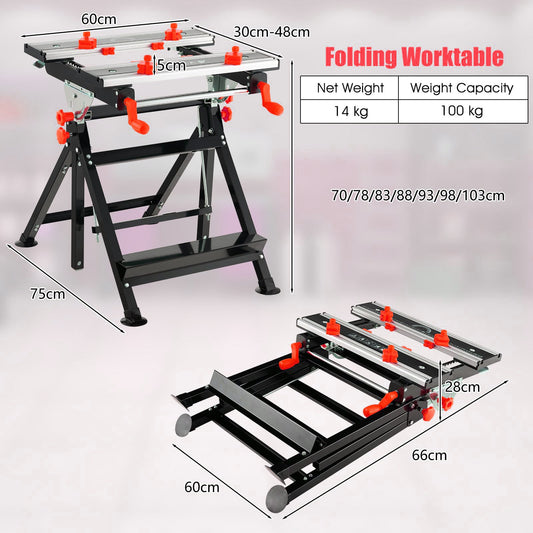 Folding Work Table Portable Workbench with Tiltable Platform-Red