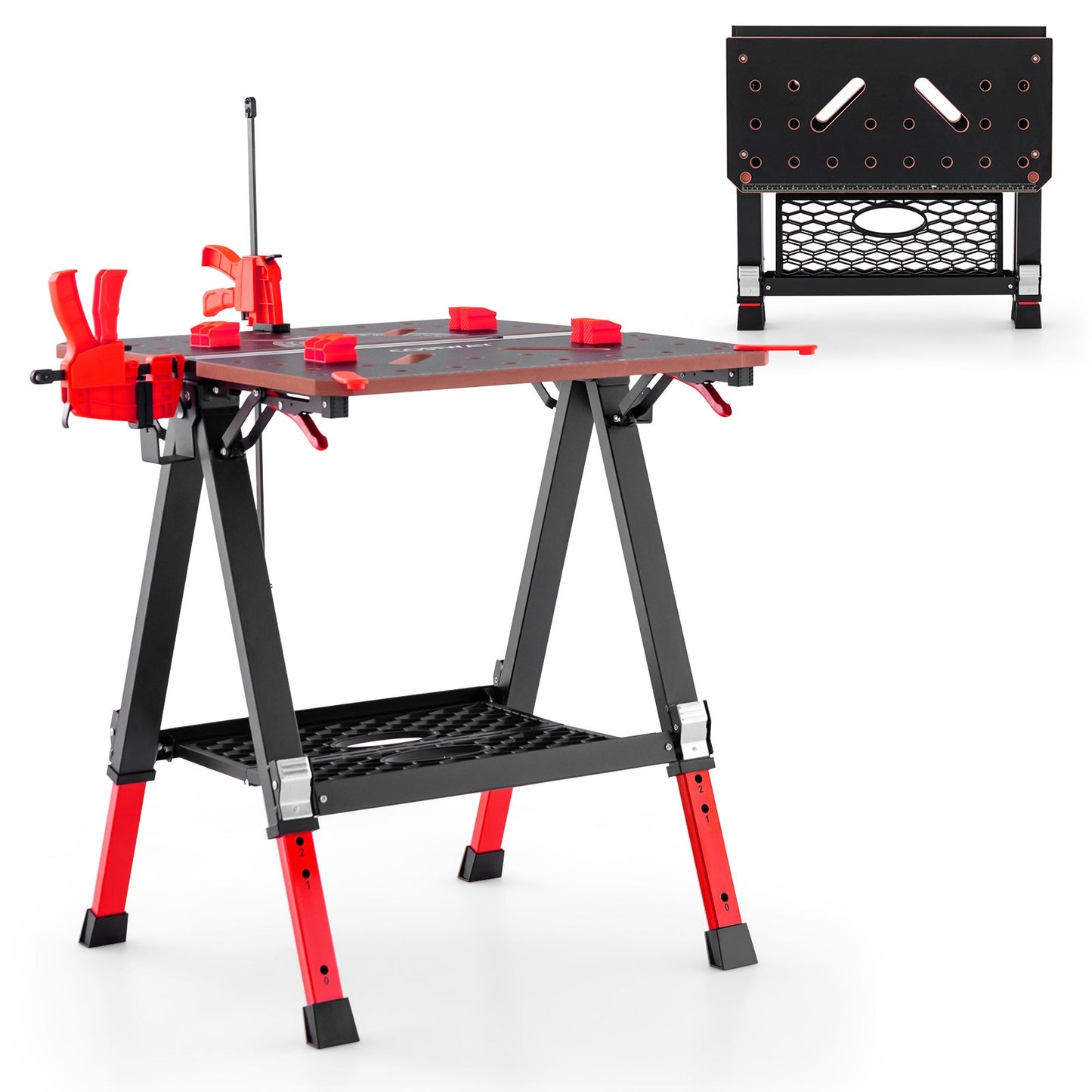 2-in-1 Folding Work Table with 2 Quick Clamps and 8 Adjustable Heights -Red