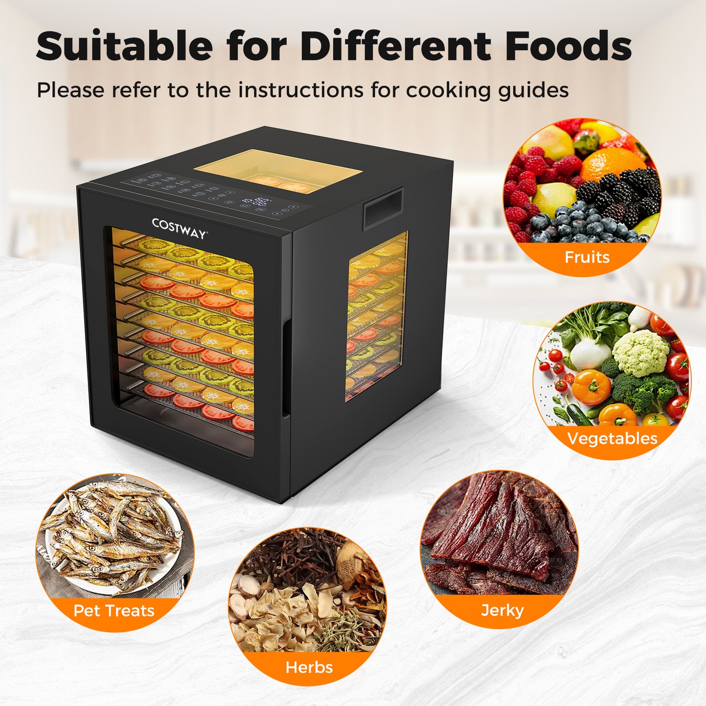 Food Dehydrator with 10 Stainless Steel Trays 10 Presets and 48H Timer-Black