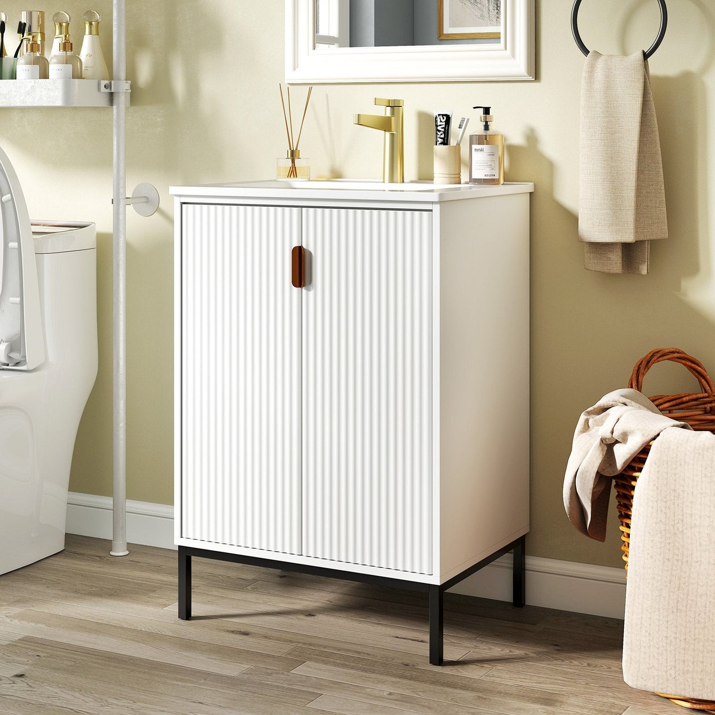 Freestanding Bathroom Vanity Cabinet with Sink and Adjustable Shelf-White