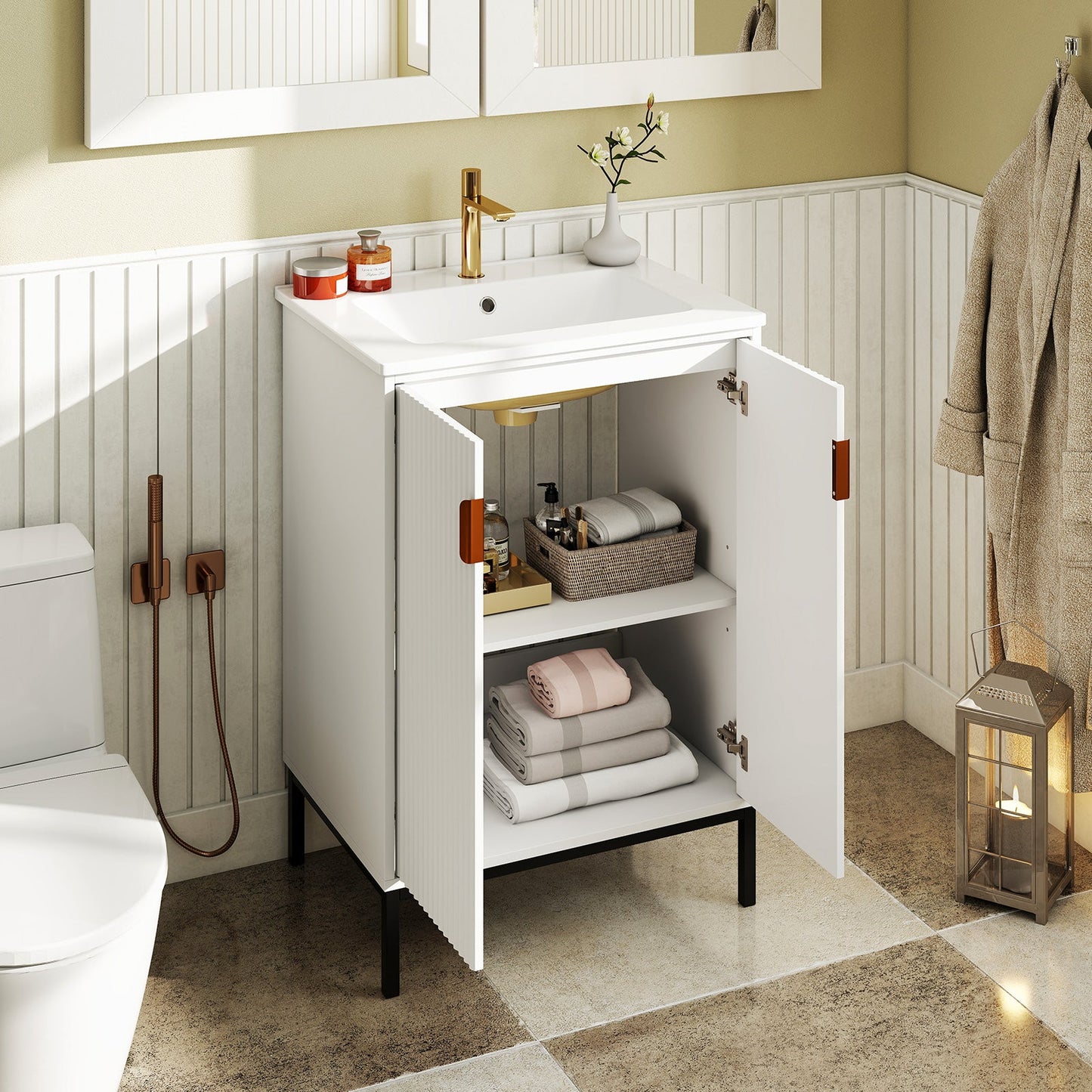 Freestanding Bathroom Vanity Cabinet with Sink and Adjustable Shelf-White