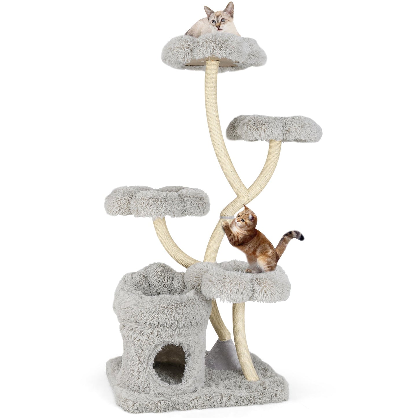 Tall Cat Tree with 4 Flower-shaped Platforms and Sisal Scratching Posts-Grey