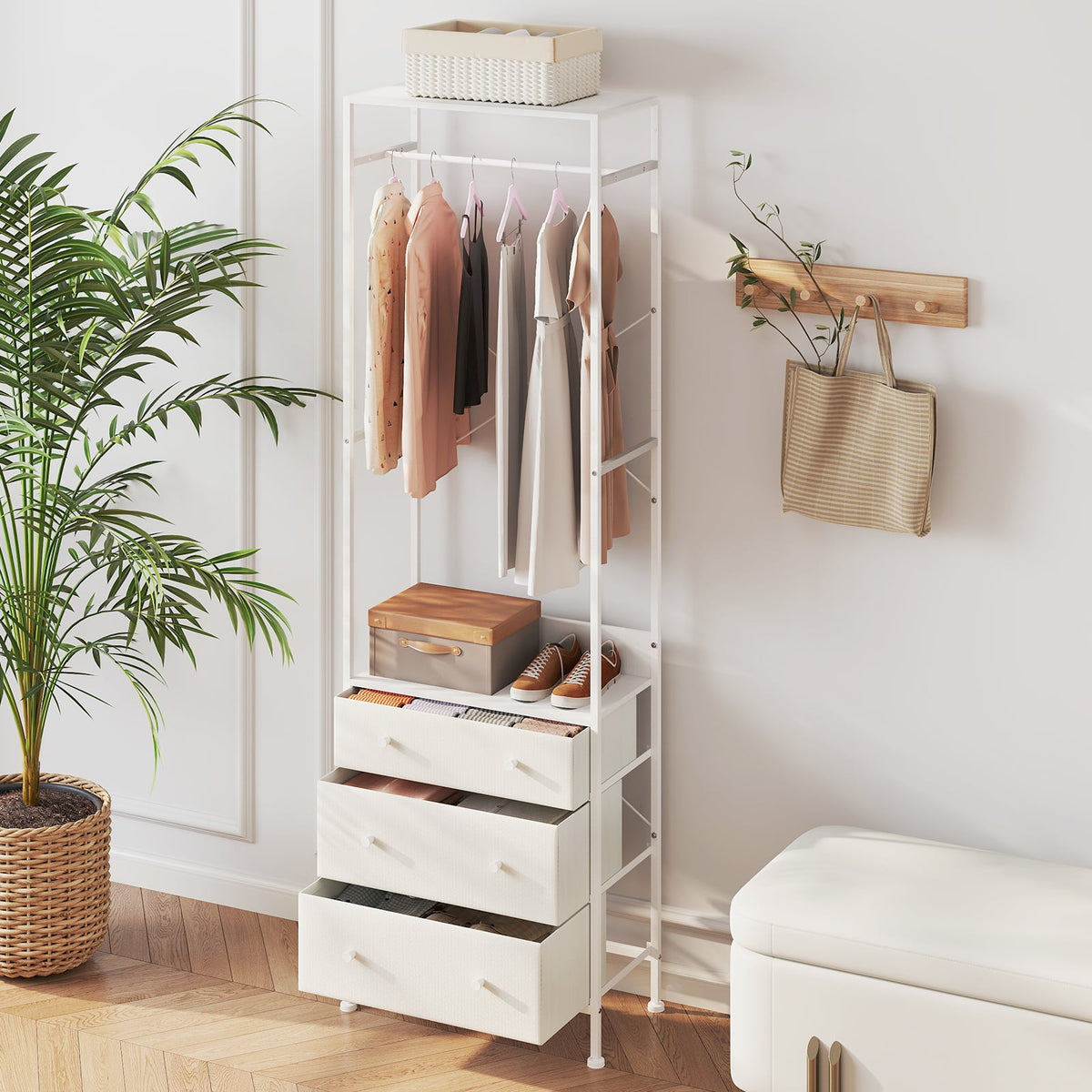Freestanding Closet Organizer Clothes Rack with Drawers-White