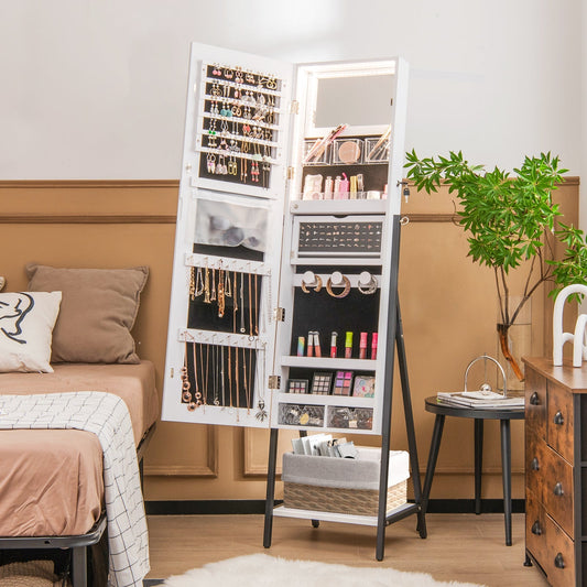 Lockable Floor Jewelry Armoire Organizer with Full-Length Mirror-White