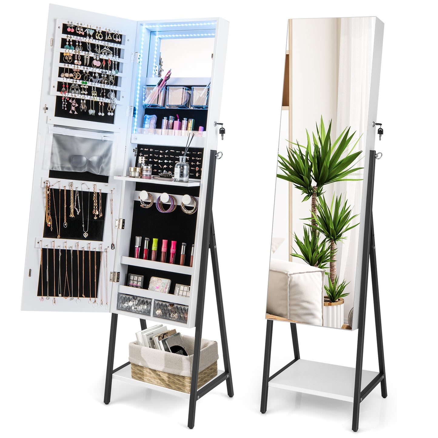 Lockable Floor Jewelry Armoire Organizer with Full-Length Mirror-White