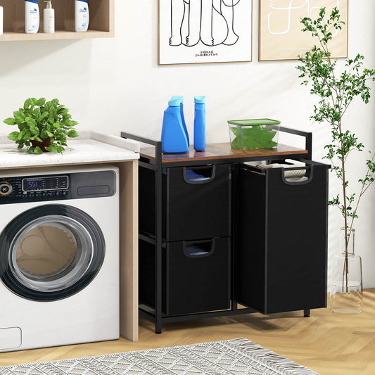 Freestanding Laundry Hamper Laundry Basket with 3 Pull-Out Bags-Black & Brown