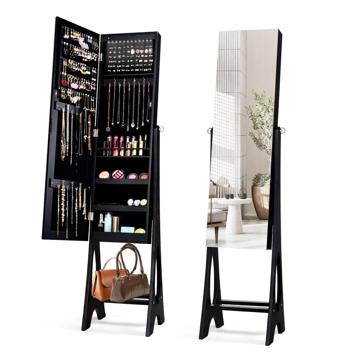 Freestanding Mirror Jewelry Cabinet with Full Length Frameless Mirror-Black