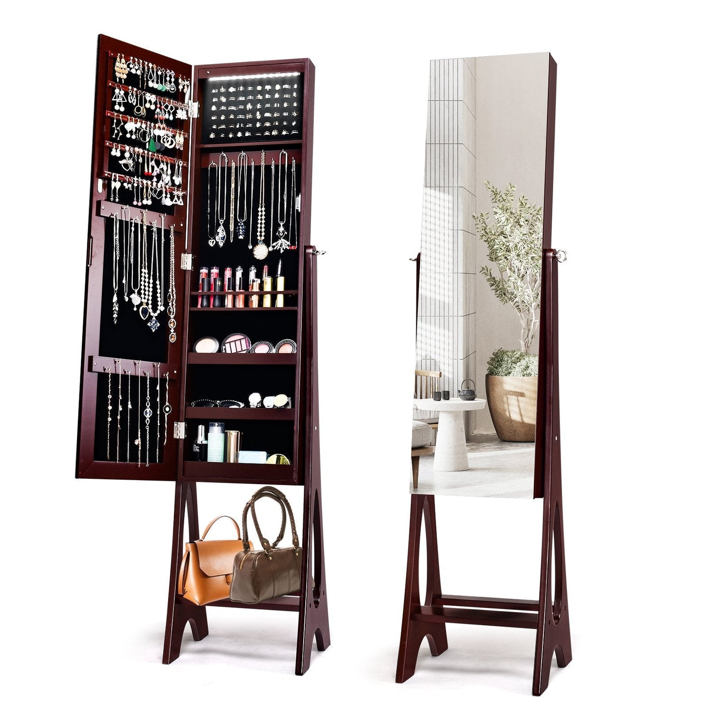Freestanding Mirror Jewelry Cabinet with Full Length Frameless Mirror-Coffee