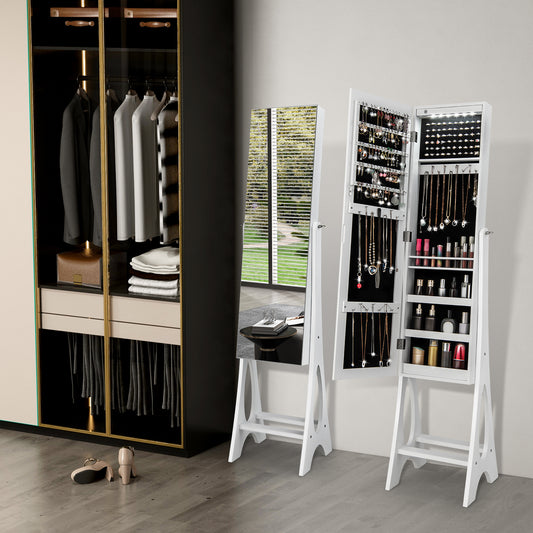 Freestanding Mirror Jewelry Cabinet with Full Length Frameless Mirror-White