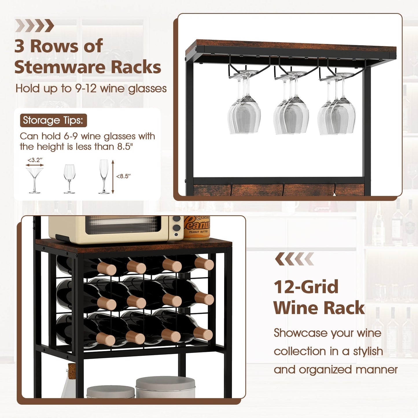 Floor Wine Bar Cabinet with Glass Racks and Wine Bottle Holders-Rustic Brown
