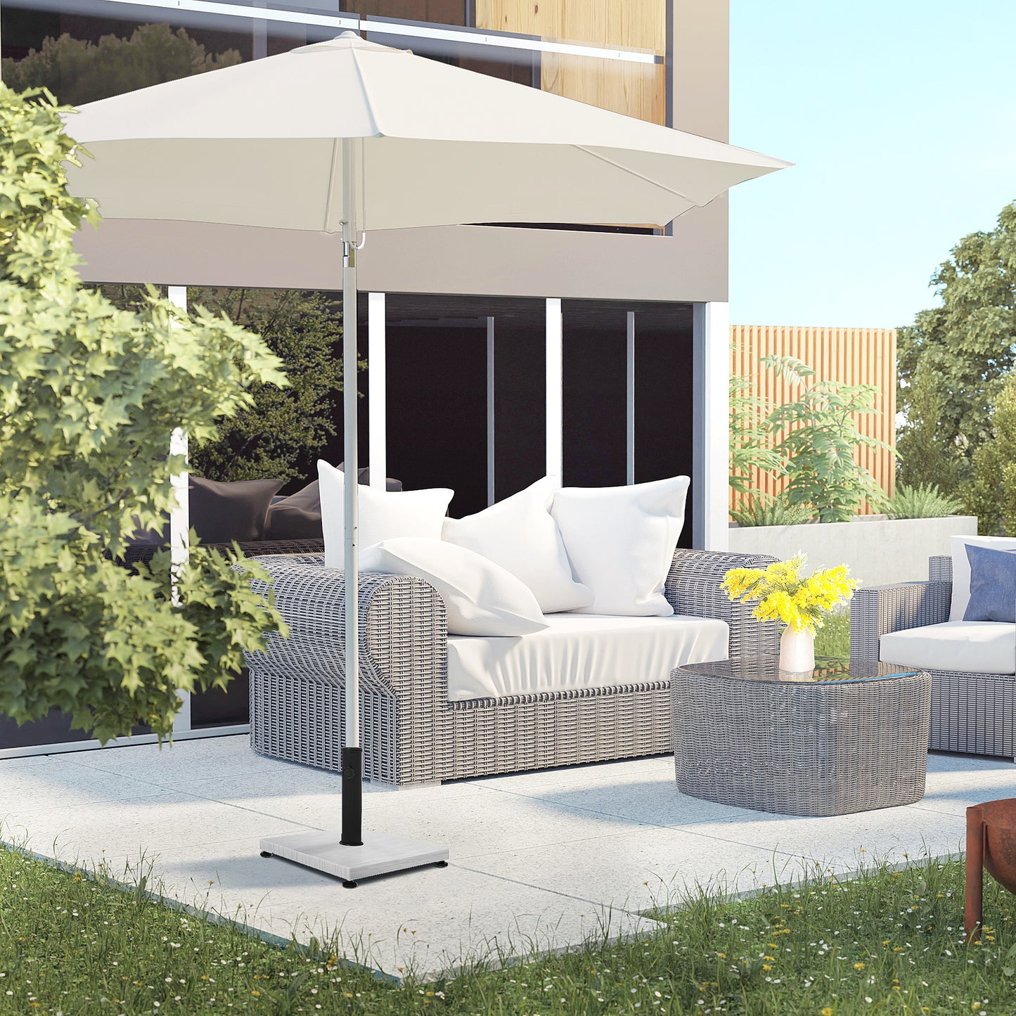 Podstawa do parasola ogrodowego Outsunny 12 kg z regulowaną stopką i pokrętłem, betonowy stojak na parasol z efektem drewna, prostokątny uchwyt na parasol do słupków 38 mm i 48 mm, biały